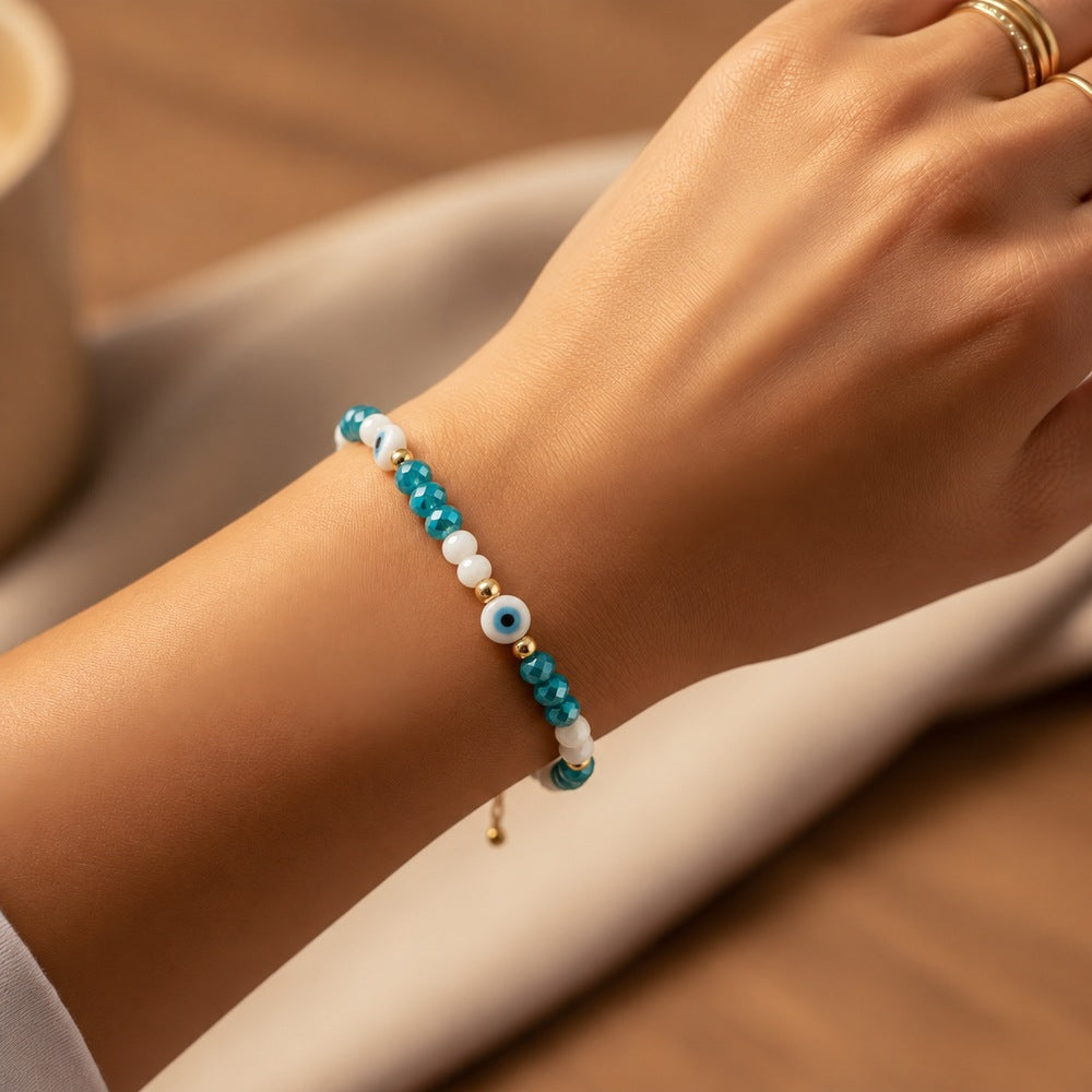 Women's ethnic style blue and white glass beads, eye patterns, adjustable bracelet, handmade bead travel souvenir jewelry