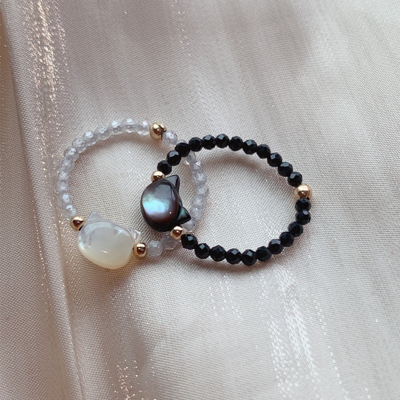 Bado Extra Fine Black Cat Ring Japanese Natural Crystal Stone Black Crystal Personality Bead String Ring