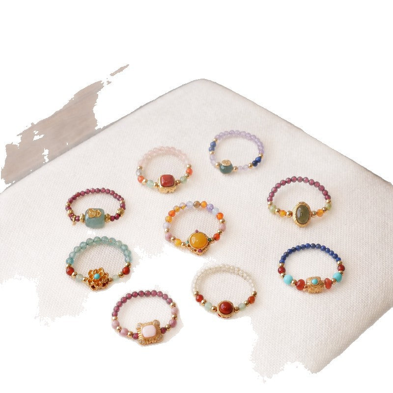 New Chinese Style Natural Stone Crystal Beaded Rings for Women, Fashionable and High-End Light Luxury, Citrine and Amethyst Rings