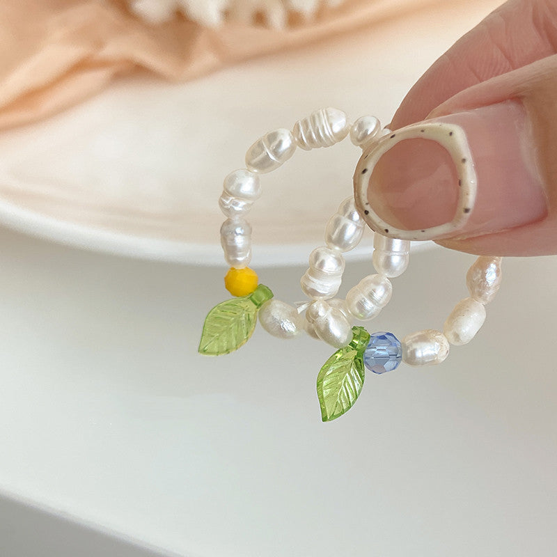 2021 New Little Green Leaf Freshwater Pearl Ring for Women, Fashionable Personality Simple Design Index Finger Ring Jewelry Accessory
