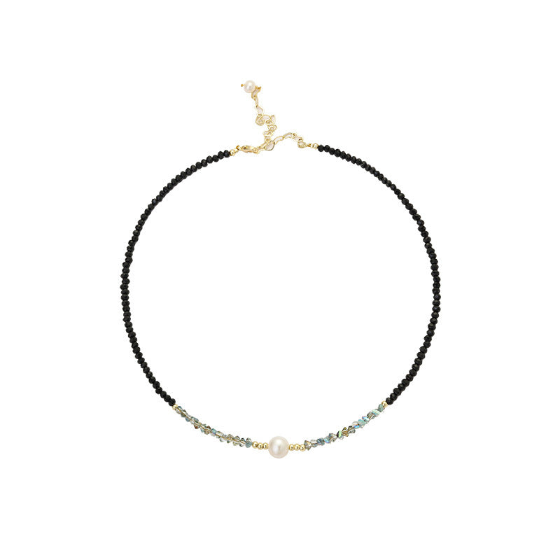 Douyin same style black spinel pearl necklace Korean fashion beaded clavicle chain temperament net red design sense necklace