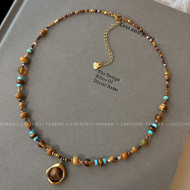 Titanium steel Merrad tiger's eye stone natural stone beaded necklace for women, niche design with a fashionable and elegant personality, collarbone chain