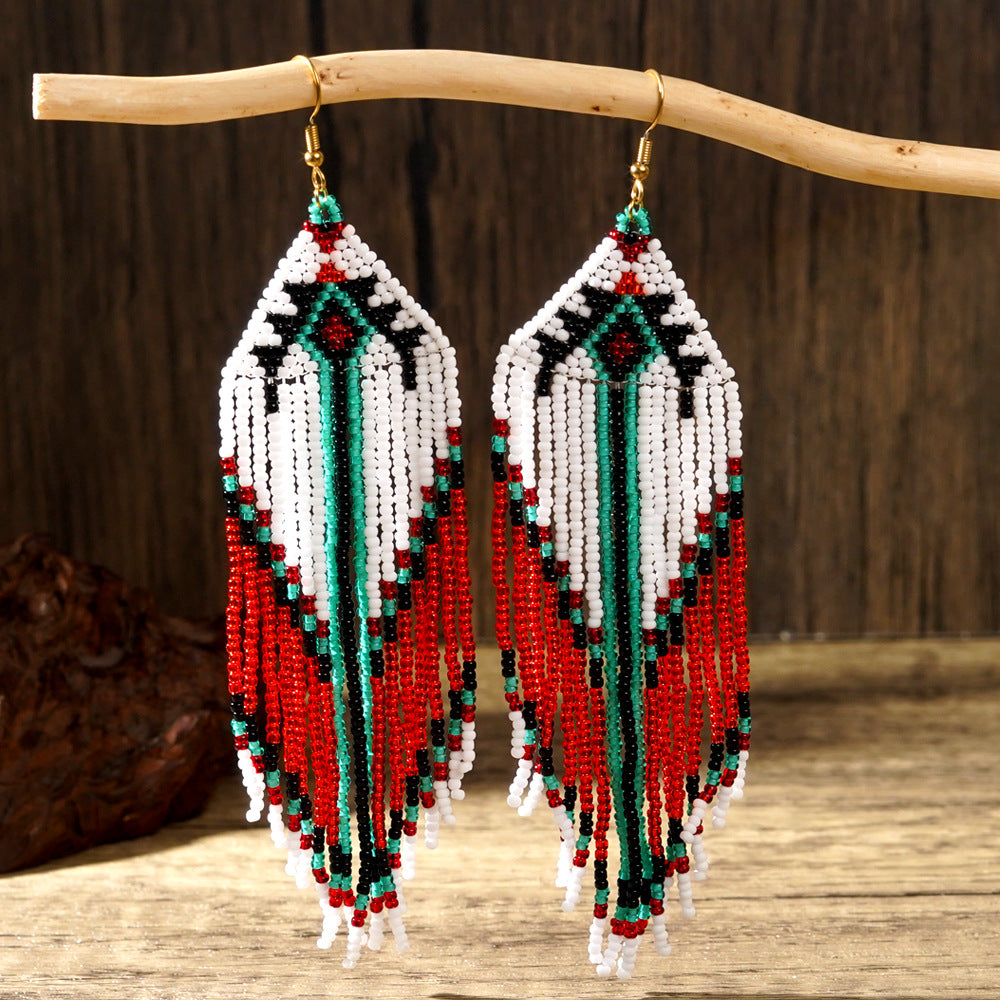 Cross-border European and American colored rice bead earrings, niche ethnic style handmade earrings, woven long tassel style, personality trend