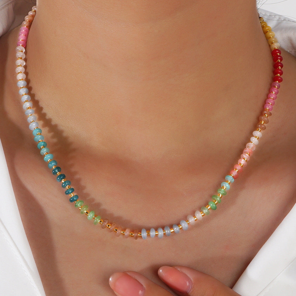 Cross-border light luxury gradient crystal necklace, colorful gemstone beading, summer elegant goddess necklace, light luxury niche