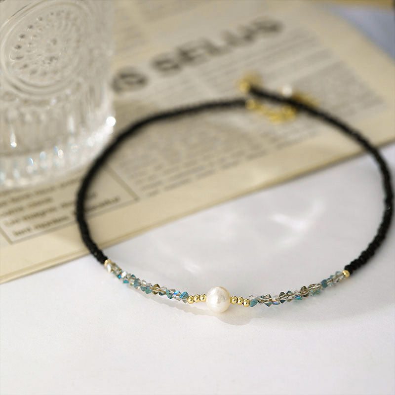 Douyin same style black spinel pearl necklace Korean fashion beaded clavicle chain temperament net red design sense necklace