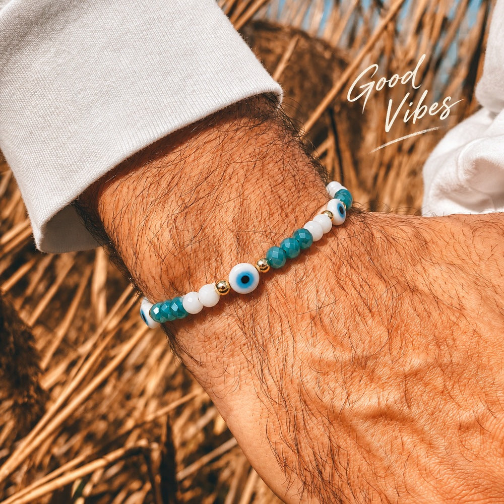 Women's ethnic style blue and white glass beads, eye patterns, adjustable bracelet, handmade bead travel souvenir jewelry