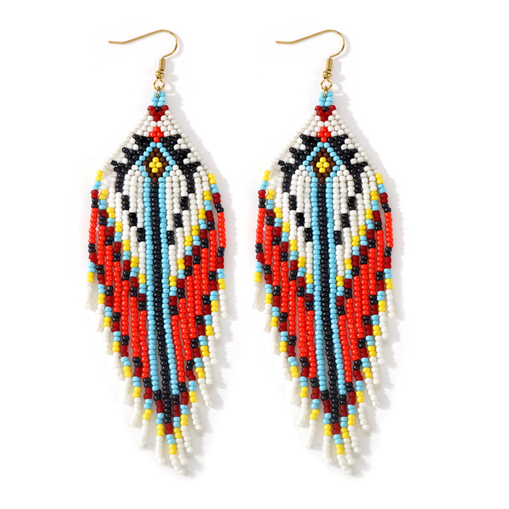 Cross-border European and American colored rice bead earrings, niche ethnic style handmade earrings, woven long tassel style, personality trend