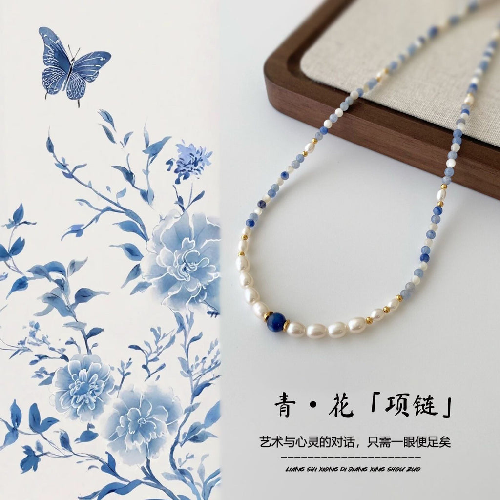 Original design and niche freshwater pearl necklace, lapis lazuli women's beaded necklace, natural freshwater pearl necklace