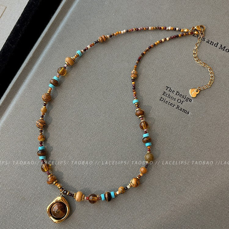 Titanium steel Merrad tiger's eye stone natural stone beaded necklace for women, niche design with a fashionable and elegant personality, collarbone chain