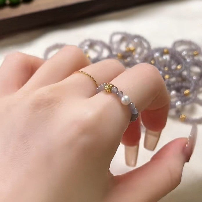 Ash ring imitating pearls, smoke gray ring, jadeite ring, women's freshwater pearl ring, simple and fresh for beginners