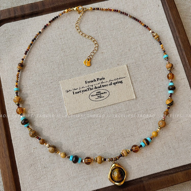 Titanium steel Merrad tiger's eye stone natural stone beaded necklace for women, niche design with a fashionable and elegant personality, collarbone chain