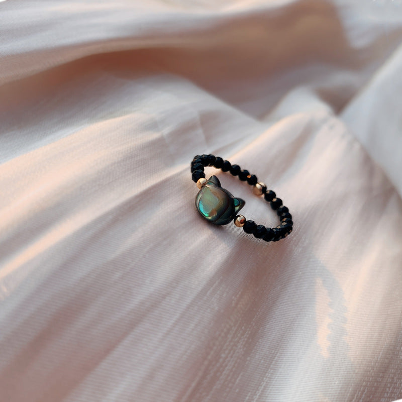 Bado Extra Fine Black Cat Ring Japanese Natural Crystal Stone Black Crystal Personality Bead String Ring
