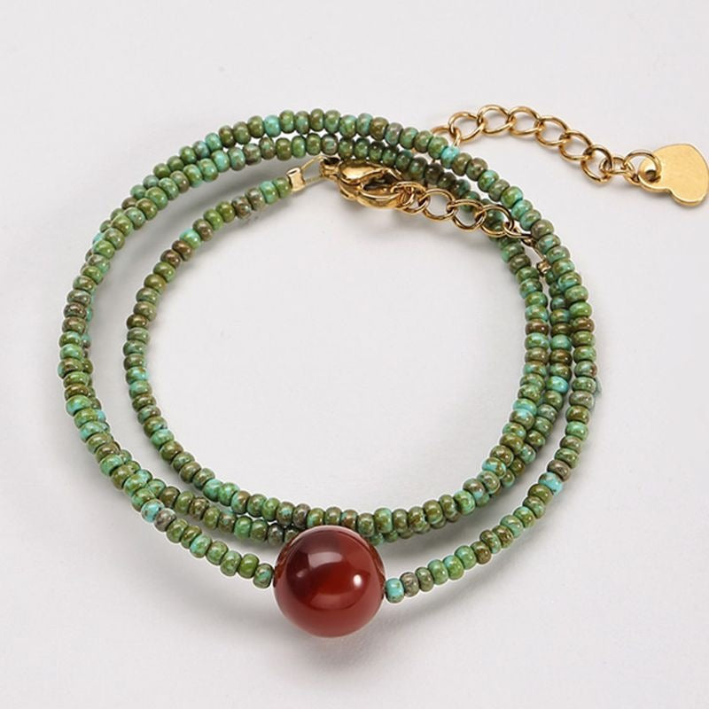 Fresh and vintage red agate green millet bead necklace for women, fashionable niche light luxury new Chinese style national style collarbone chain