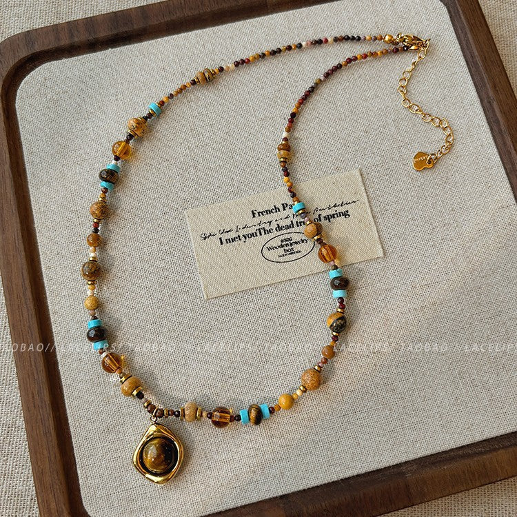Titanium steel Merrad tiger's eye stone natural stone beaded necklace for women, niche design with a fashionable and elegant personality, collarbone chain