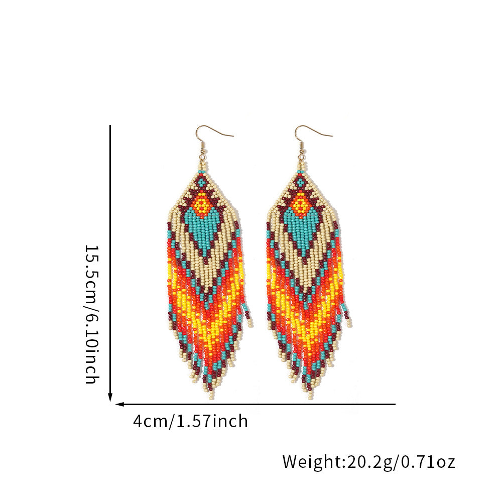 Cross-border European and American colored rice bead earrings, niche ethnic style handmade earrings, woven long tassel style, personality trend