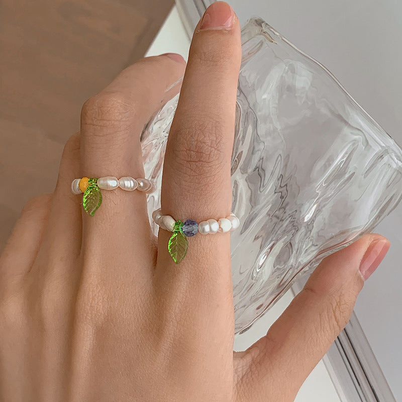 2021 New Little Green Leaf Freshwater Pearl Ring for Women, Fashionable Personality Simple Design Index Finger Ring Jewelry Accessory