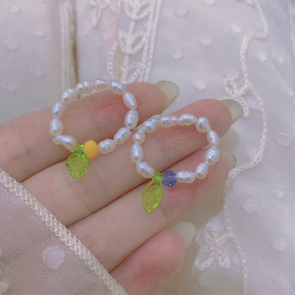 2021 New Little Green Leaf Freshwater Pearl Ring for Women, Fashionable Personality Simple Design Index Finger Ring Jewelry Accessory