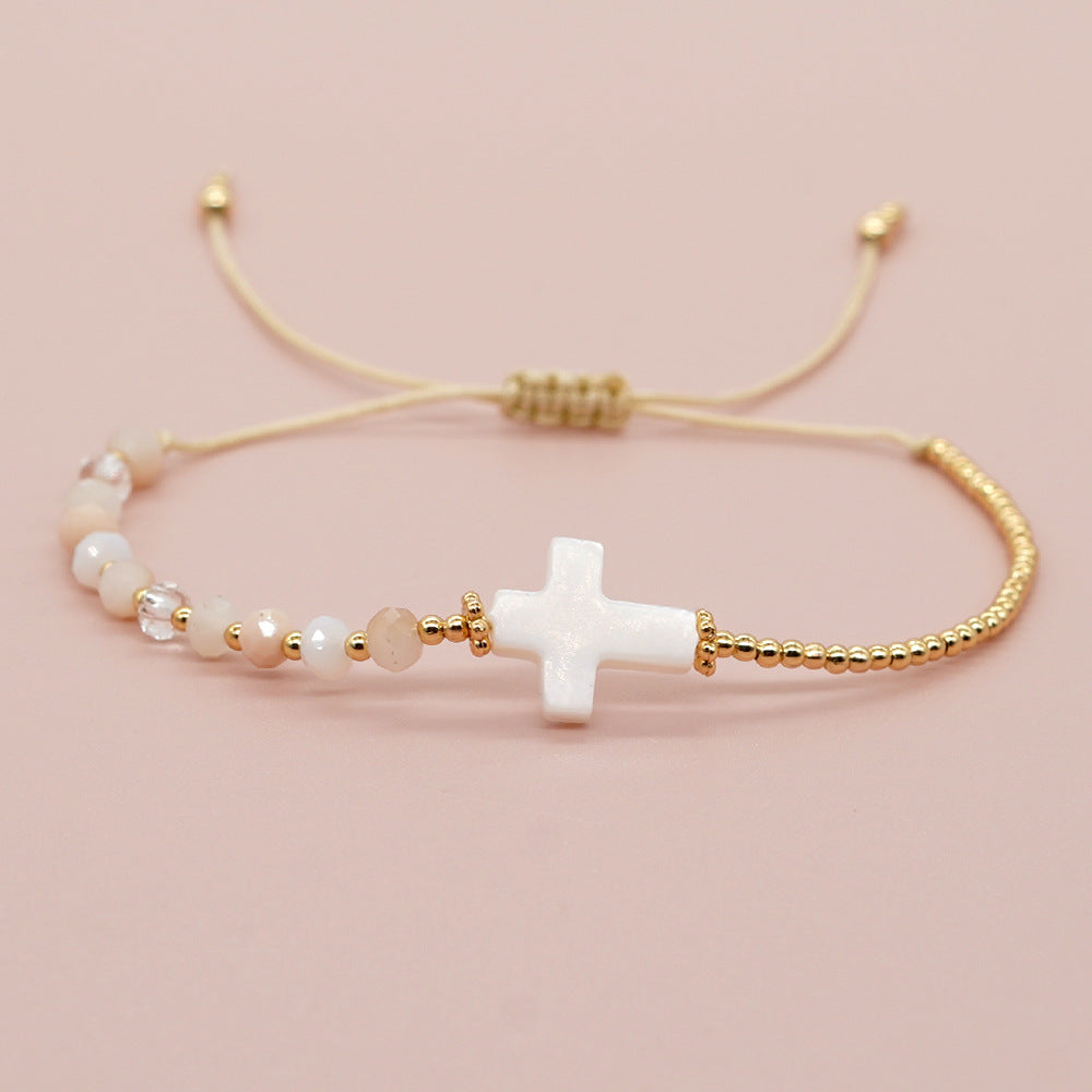 New cross-border European and American retro bohemian shell cross crystal copper bead bracelet women's bracelet jewelry