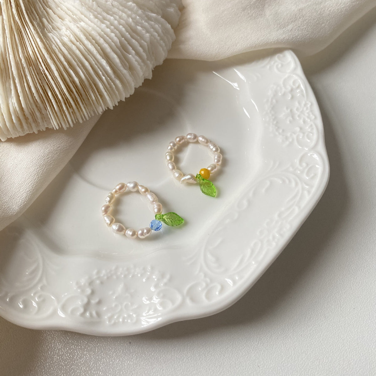 2021 New Little Green Leaf Freshwater Pearl Ring for Women, Fashionable Personality Simple Design Index Finger Ring Jewelry Accessory