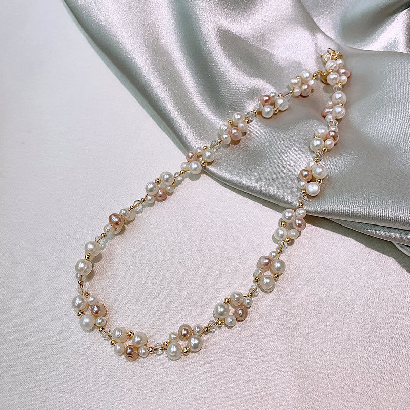 Colorful freshwater pearl stitching bracelet women's design sense crystal entwined pearl necklace fashion bracelet necklace set