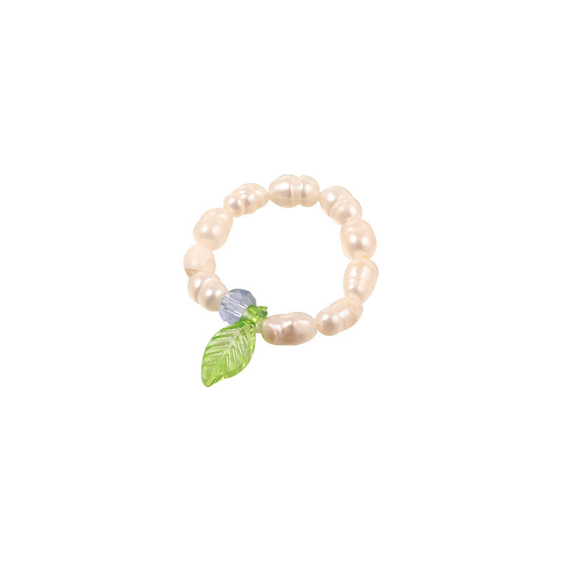 2021 New Little Green Leaf Freshwater Pearl Ring for Women, Fashionable Personality Simple Design Index Finger Ring Jewelry Accessory
