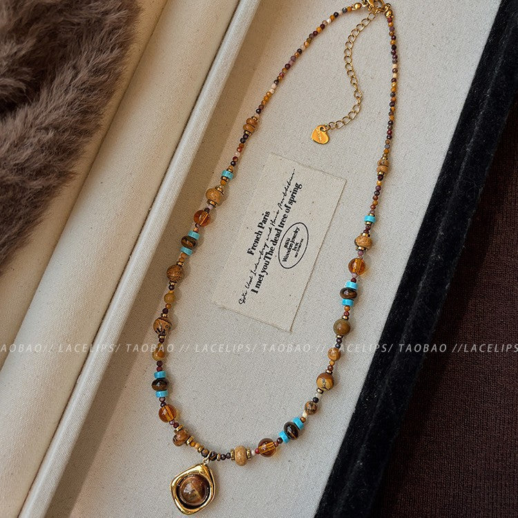 Titanium steel Merrad tiger's eye stone natural stone beaded necklace for women, niche design with a fashionable and elegant personality, collarbone chain