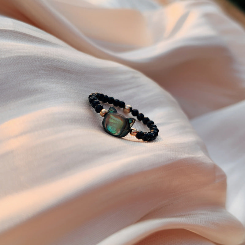 Bado Extra Fine Black Cat Ring Japanese Natural Crystal Stone Black Crystal Personality Bead String Ring