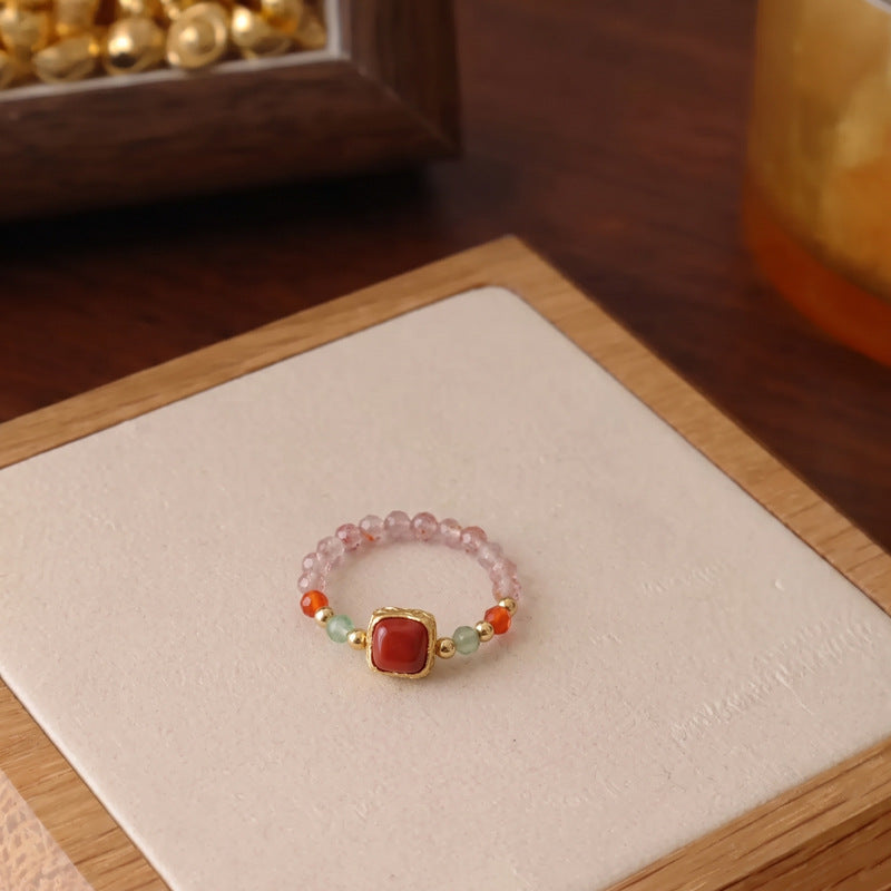 New Chinese Style Natural Stone Crystal Beaded Rings for Women, Fashionable and High-End Light Luxury, Citrine and Amethyst Rings