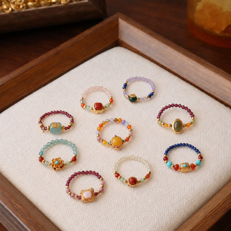 New Chinese Style Natural Stone Crystal Beaded Rings for Women, Fashionable and High-End Light Luxury, Citrine and Amethyst Rings