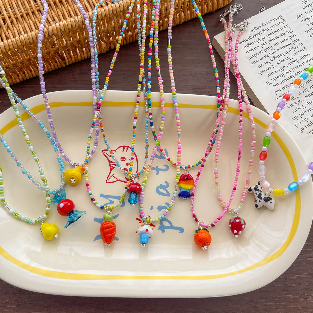 New cartoon dopamine colorful children's necklace, playful and cute girls' fruit animal bead collarbone chain necklace
