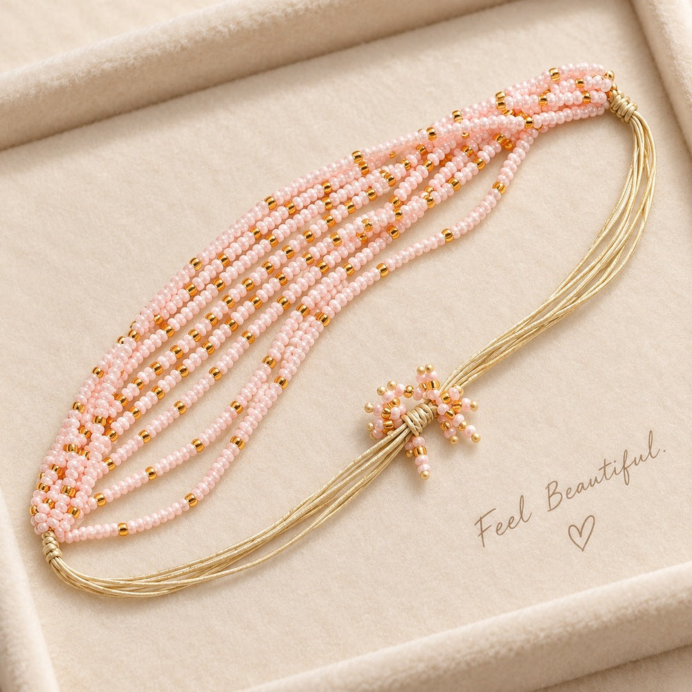 Women's pink pearl bead necklace, multi-layer handmade beaded short adjustable drawstring, sweet daily accessory