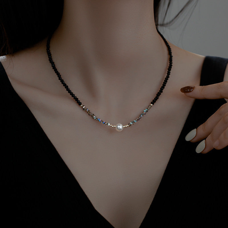 Douyin same style black spinel pearl necklace Korean fashion beaded clavicle chain temperament net red design sense necklace