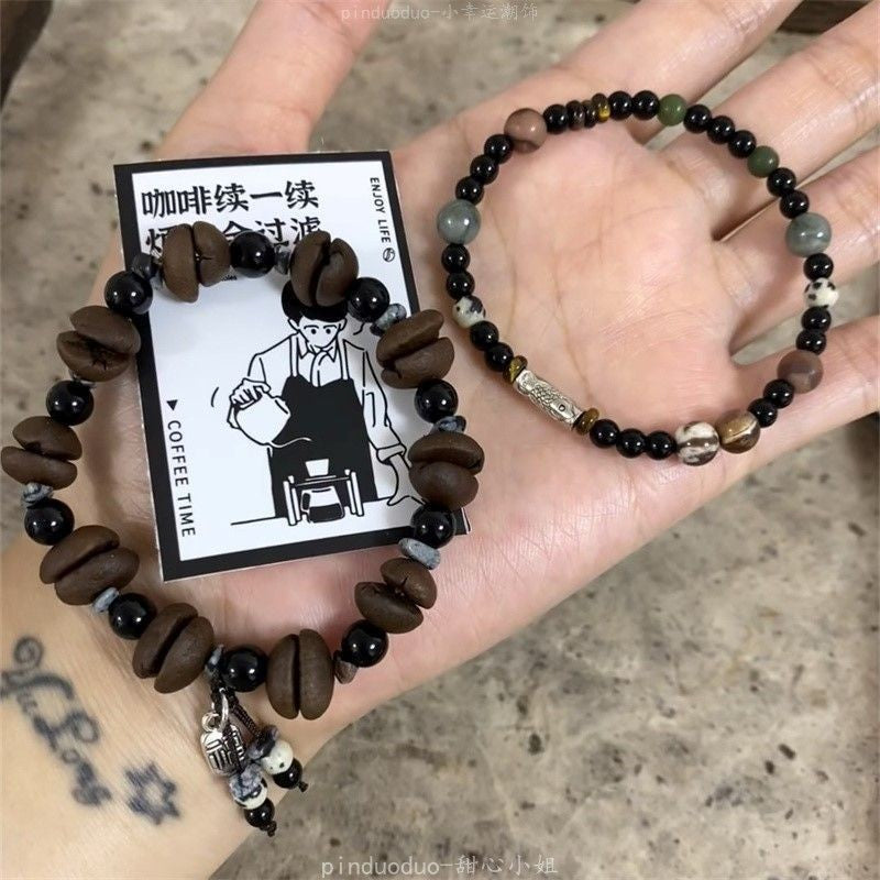 Coffee bean resin bracelet Chinese style original simple and versatile natural stone niche small fortune brand pendant couple's style
