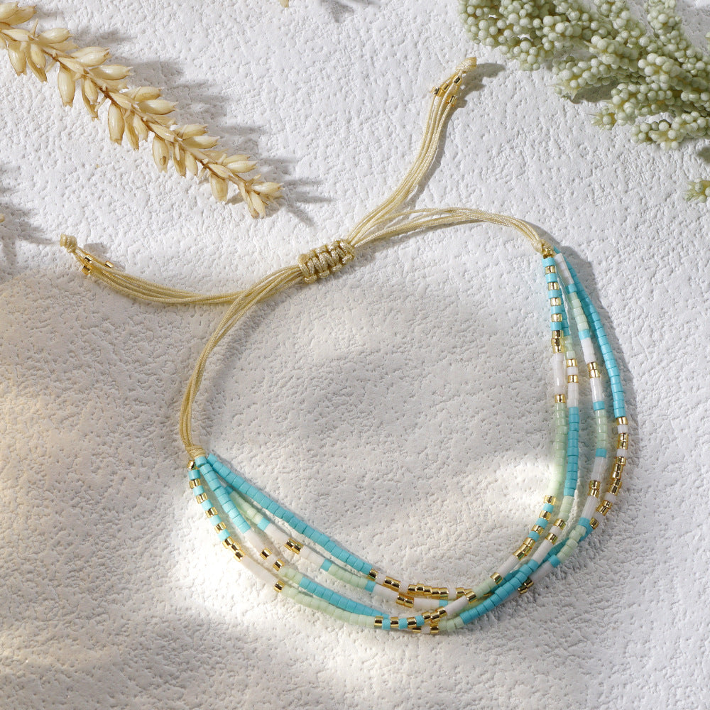 Summer fresh rice bead bracelet, multi-layer woven adjustable, Japanese-Korean style creative artsy versatile bracelet for women