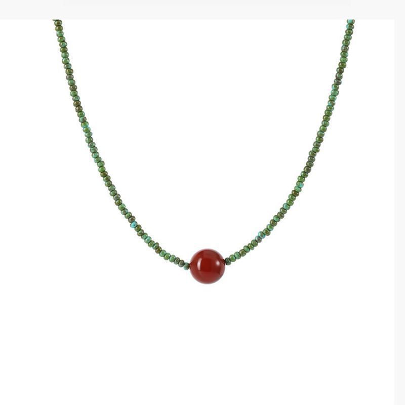 Fresh and vintage red agate green millet bead necklace for women, fashionable niche light luxury new Chinese style national style collarbone chain