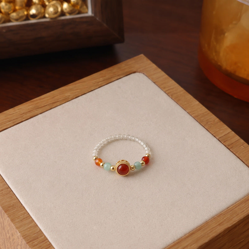 New Chinese Style Natural Stone Crystal Beaded Rings for Women, Fashionable and High-End Light Luxury, Citrine and Amethyst Rings