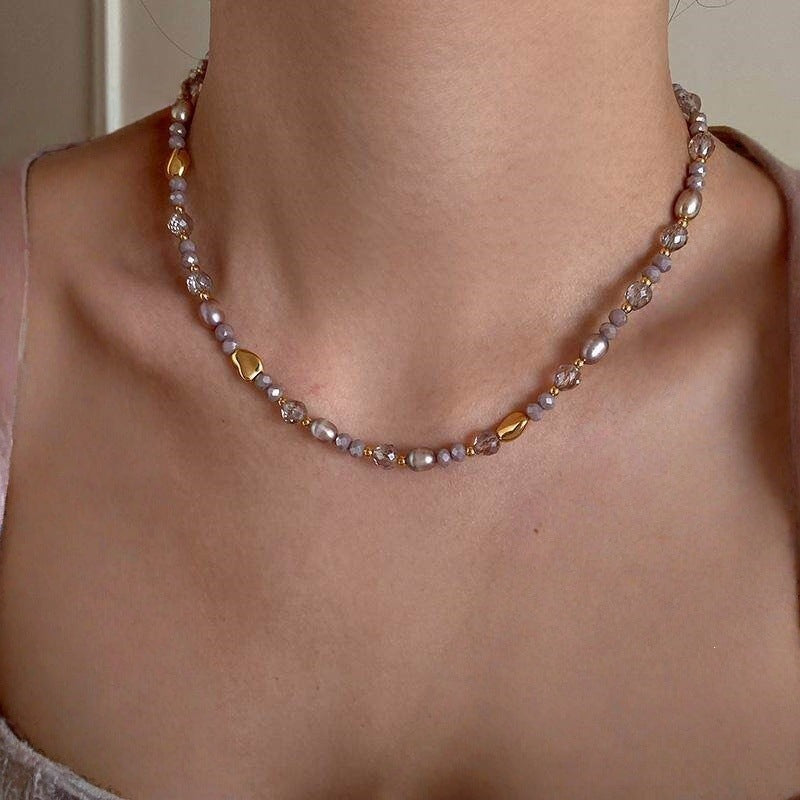 "Monet Garden" Pink-purple crystal special-shaped freshwater pearl necklace for women, light luxury fashion collarbone necklace