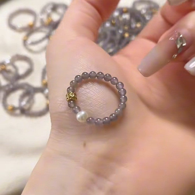 Ash ring imitating pearls, smoke gray ring, jadeite ring, women's freshwater pearl ring, simple and fresh for beginners