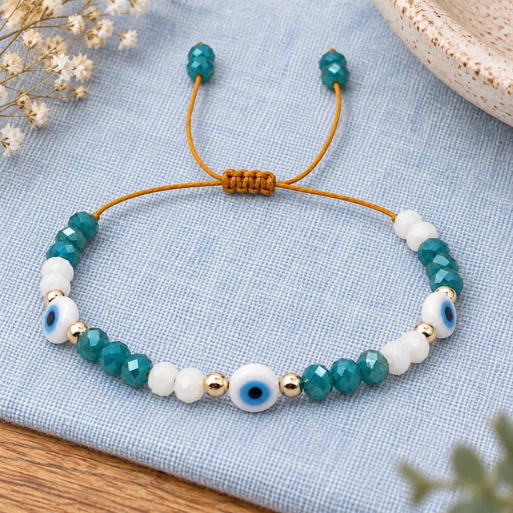 Women's ethnic style blue and white glass beads, eye patterns, adjustable bracelet, handmade bead travel souvenir jewelry
