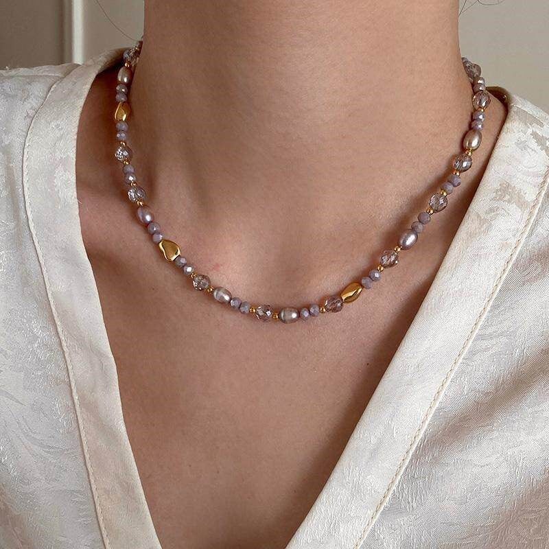 "Monet Garden" Pink-purple crystal special-shaped freshwater pearl necklace for women, light luxury fashion collarbone necklace