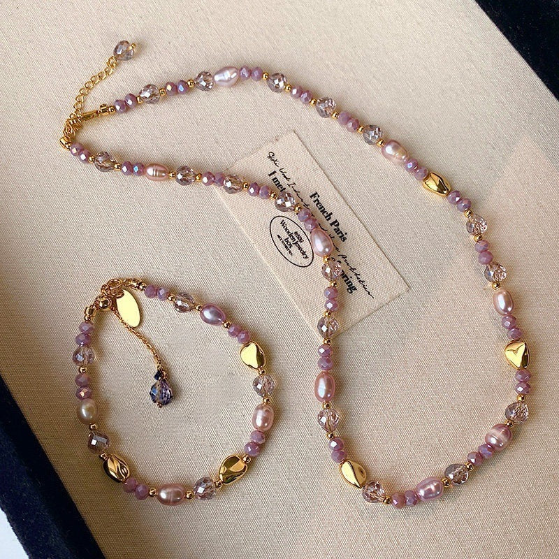 "Monet Garden" Pink-purple crystal special-shaped freshwater pearl necklace for women, light luxury fashion collarbone necklace