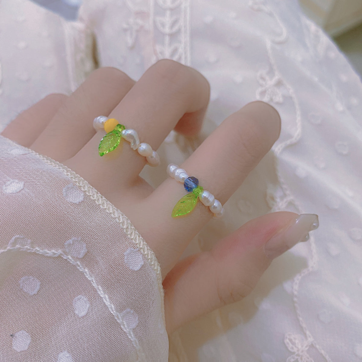 2021 New Little Green Leaf Freshwater Pearl Ring for Women, Fashionable Personality Simple Design Index Finger Ring Jewelry Accessory