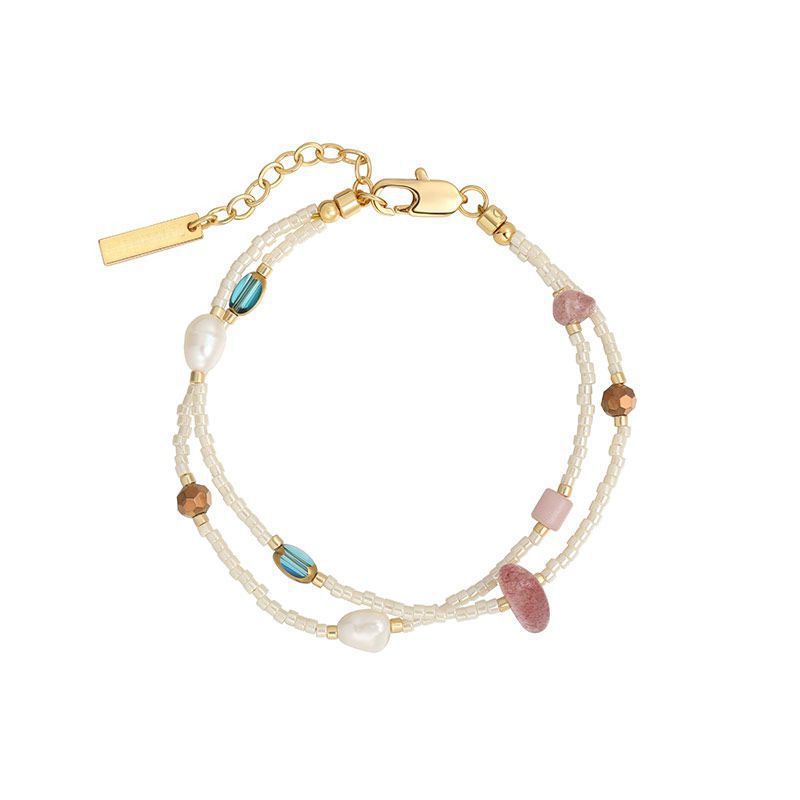 Double-layer freshwater pearl strawberry quartz millet bead bracelet for women, light luxury, niche fashionable blue crystal bracelet