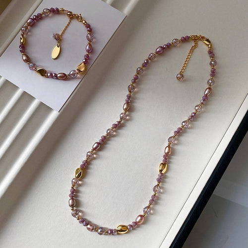 "Monet Garden" Pink-purple crystal special-shaped freshwater pearl necklace for women, light luxury fashion collarbone necklace
