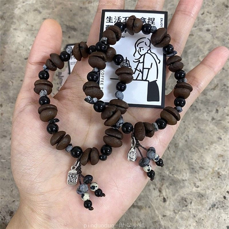 Coffee bean resin bracelet Chinese style original simple and versatile natural stone niche small fortune brand pendant couple's style