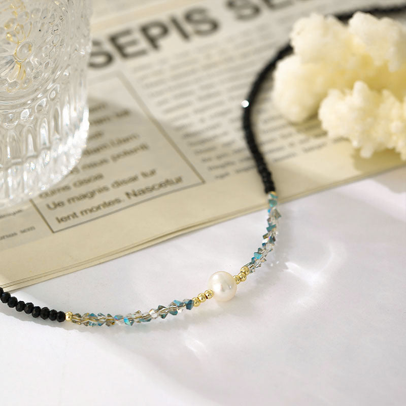 Douyin same style black spinel pearl necklace Korean fashion beaded clavicle chain temperament net red design sense necklace