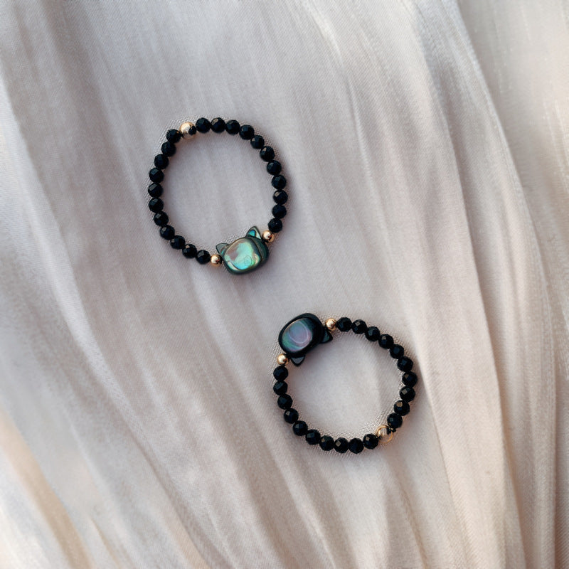 Bado Extra Fine Black Cat Ring Japanese Natural Crystal Stone Black Crystal Personality Bead String Ring