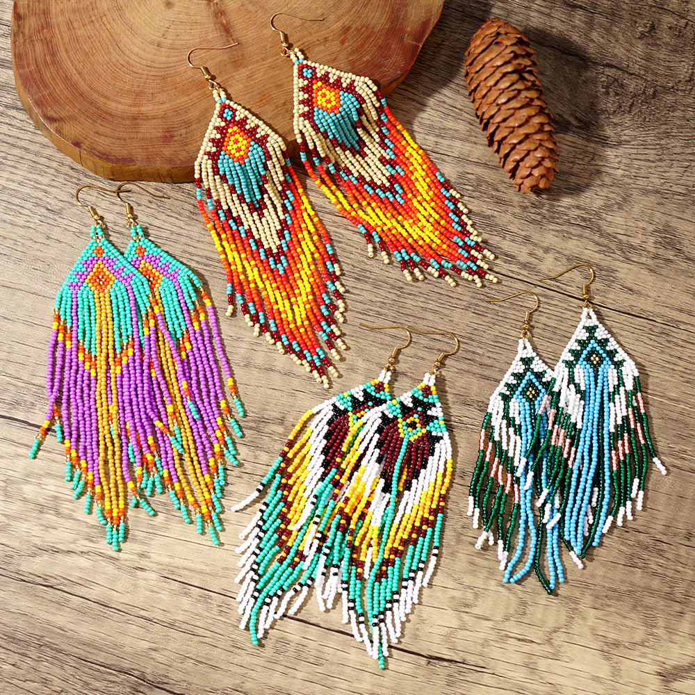 Cross-border European and American colored rice bead earrings, niche ethnic style handmade earrings, woven long tassel style, personality trend