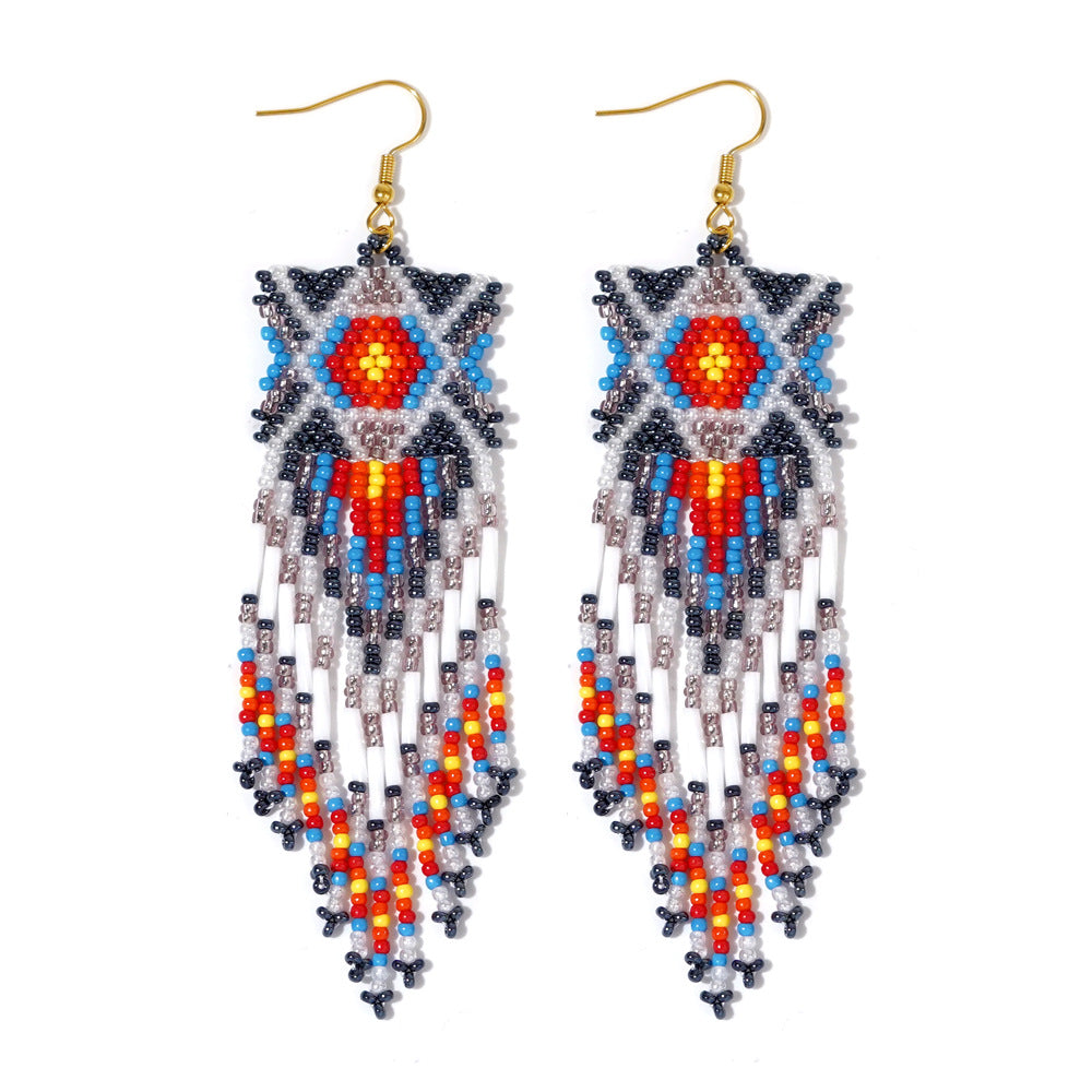 Cross-border European and American colored rice bead earrings, niche ethnic style handmade earrings, woven long tassel style, personality trend