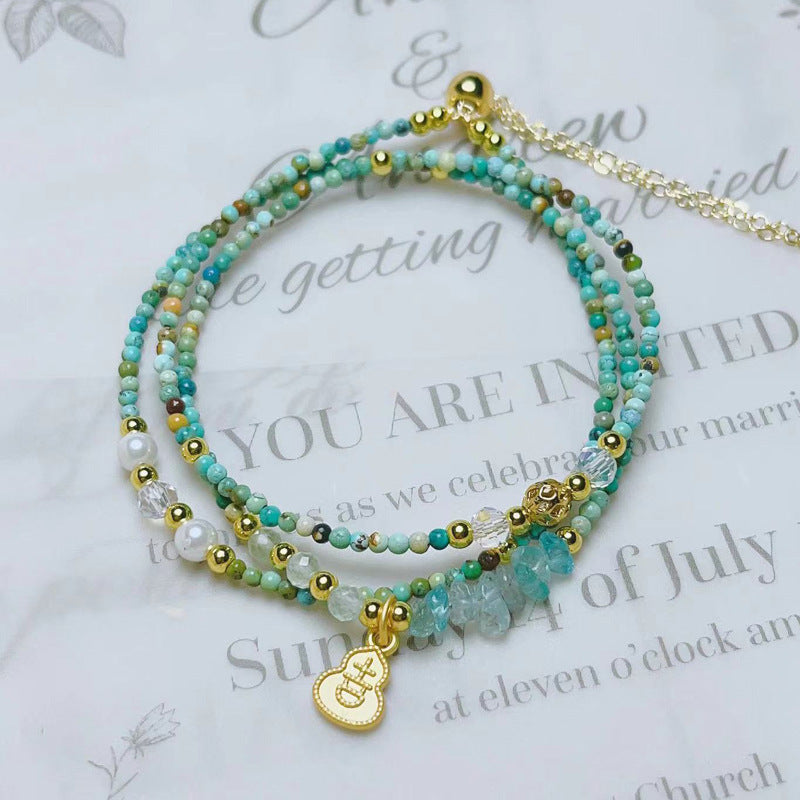 Natural crystal jewelry Millet turquoise beads three-circle pull-out adjustable bracelet